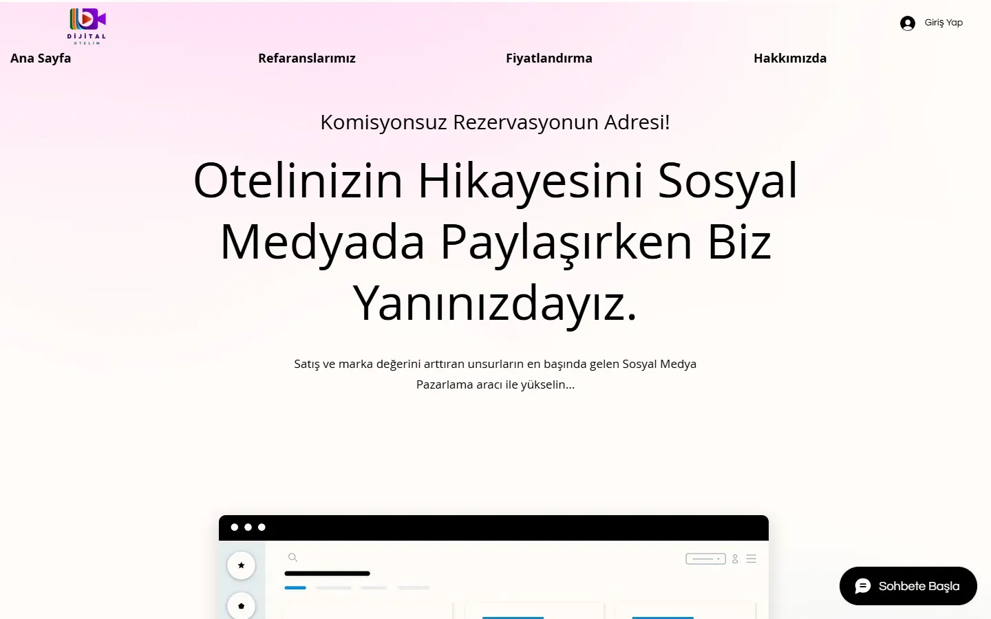Dijital Otelim sitesinin bilgisayardaki ana sayfası