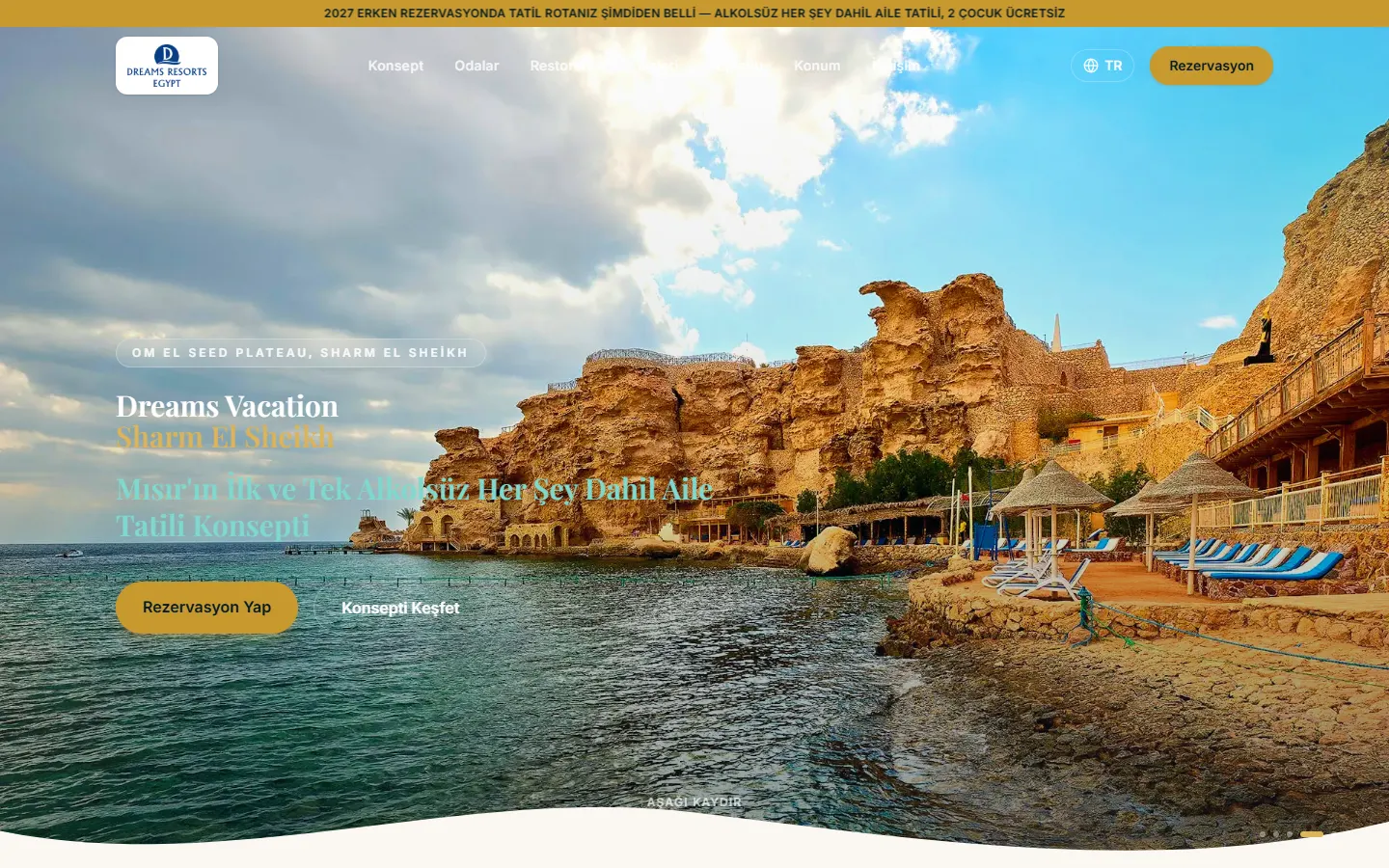Dreams Vacation Resort sitesinin bilgisayardaki ana sayfası