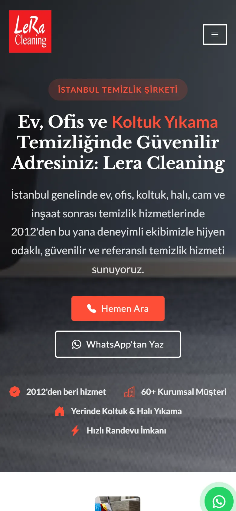 Lera Cleaning sitesinin telefondaki görünümü
