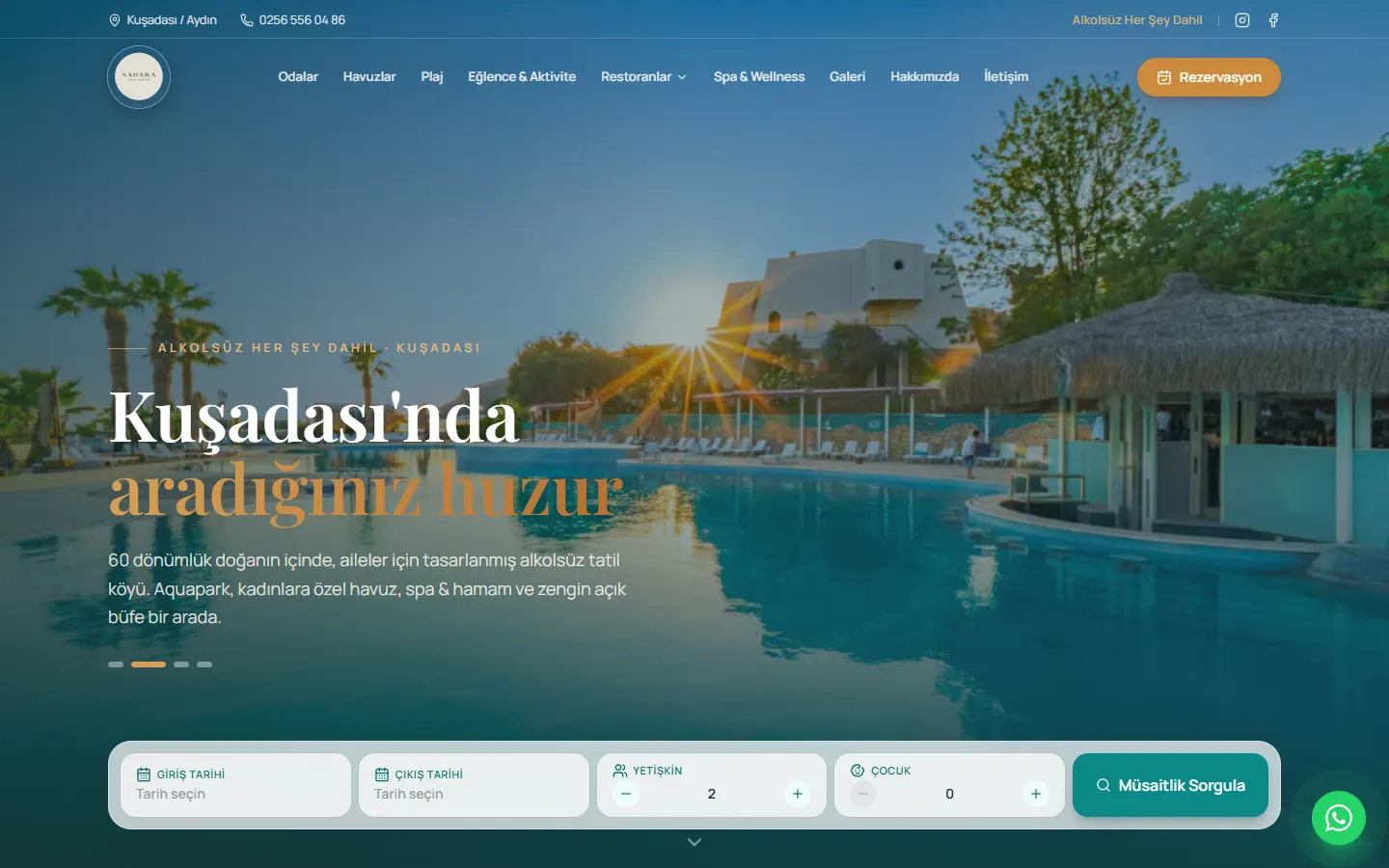Sahara Aqua Resort sitesinin bilgisayardaki ana sayfası